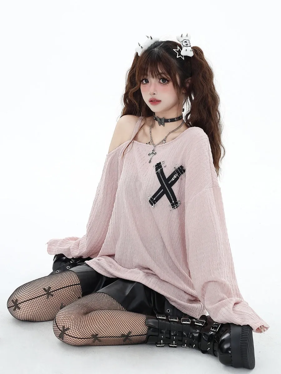 11shop original off-shoulder pin autumn T-shirt loose long sleeves