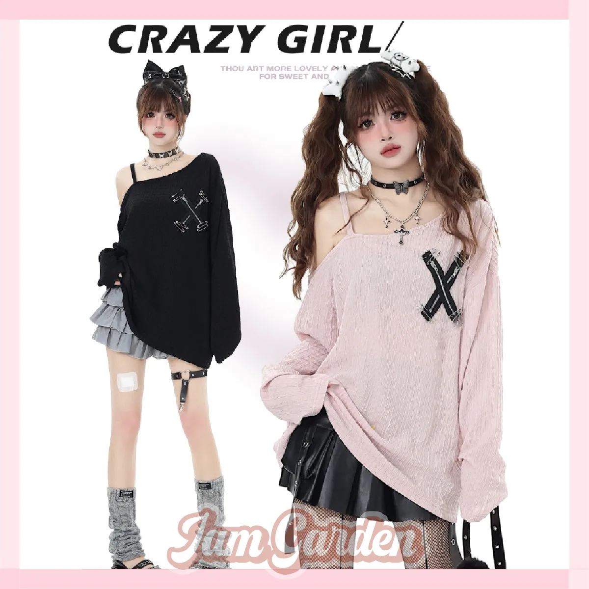 11shop original off-shoulder pin autumn T-shirt loose long sleeves