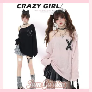 11shop original off-shoulder pin autumn T-shirt loose long sleeves