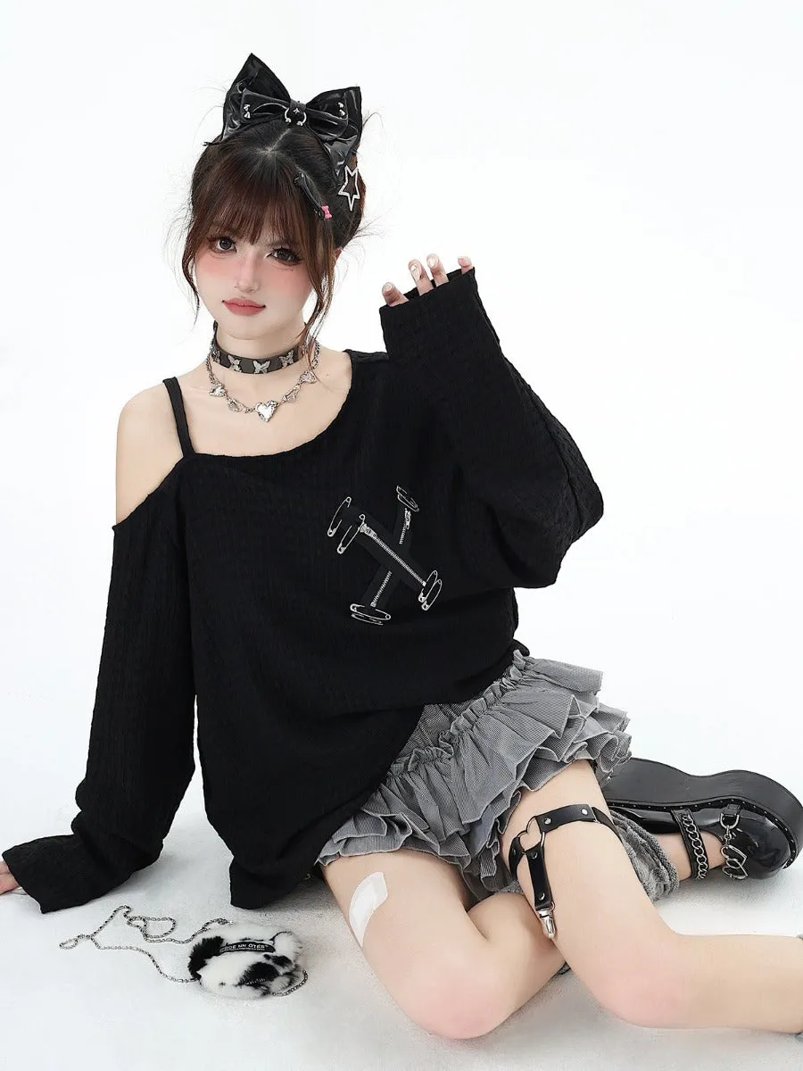11shop original off-shoulder pin autumn T-shirt loose long sleeves
