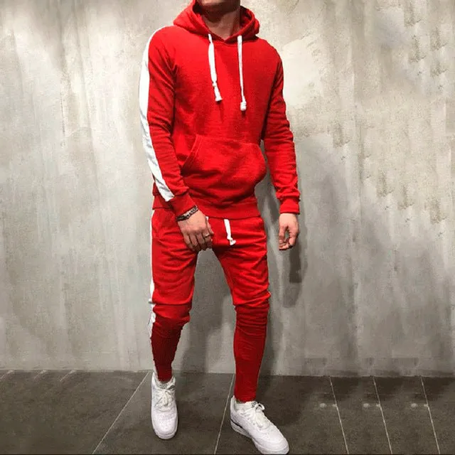 2 Pieces Sets Tracksuit Men New Brand Autumn Winter Hooded Sweatshirt  Drawstring Pants Male Stripe Patchwork Hoodies Bigsweety