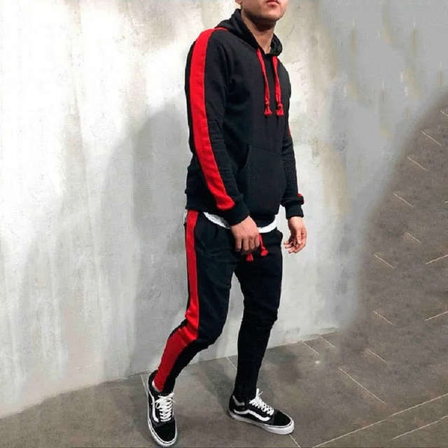 2 Pieces Sets Tracksuit Men New Brand Autumn Winter Hooded Sweatshirt  Drawstring Pants Male Stripe Patchwork Hoodies Bigsweety