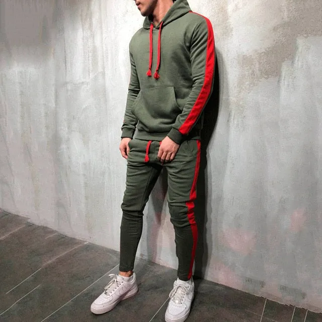 2 Pieces Sets Tracksuit Men New Brand Autumn Winter Hooded Sweatshirt  Drawstring Pants Male Stripe Patchwork Hoodies Bigsweety