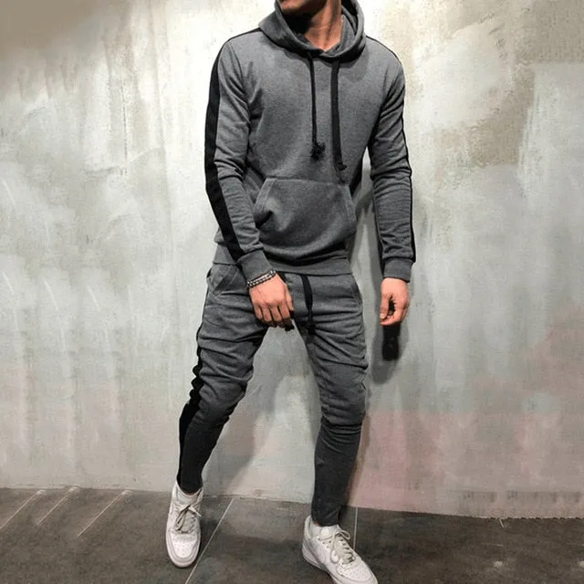 2 Pieces Sets Tracksuit Men New Brand Autumn Winter Hooded Sweatshirt  Drawstring Pants Male Stripe Patchwork Hoodies Bigsweety