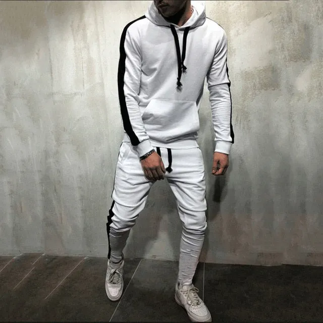 2 Pieces Sets Tracksuit Men New Brand Autumn Winter Hooded Sweatshirt  Drawstring Pants Male Stripe Patchwork Hoodies Bigsweety