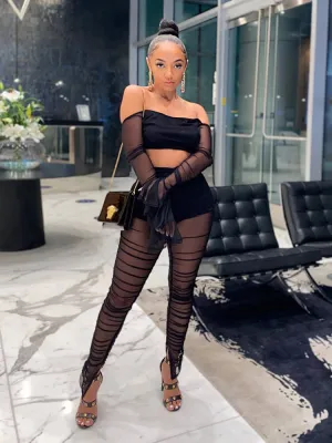 2 Pieces Sheer Mesh Off Shoulder Crop Tops Leggings