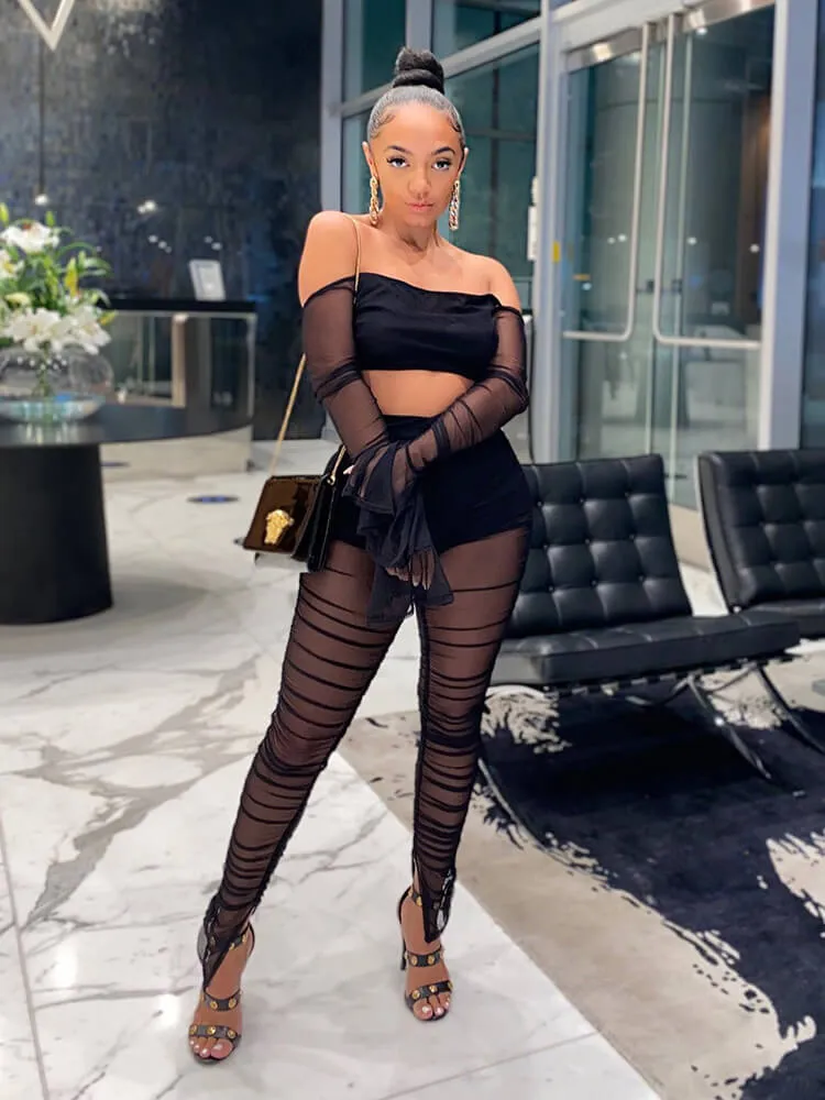2 Pieces Sheer Mesh Off Shoulder Crop Tops Leggings