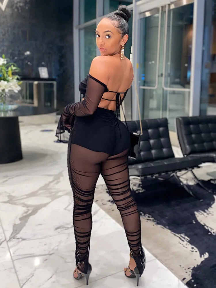 2 Pieces Sheer Mesh Off Shoulder Crop Tops Leggings