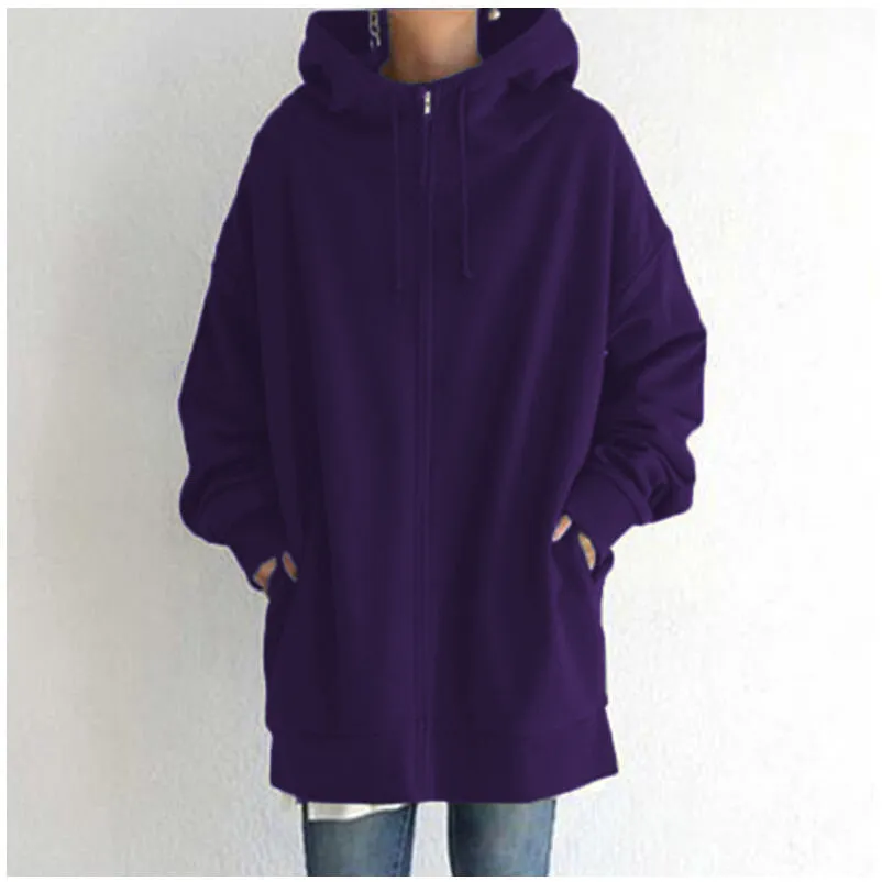 2022 Women's Autumn Winter Streetwear Zip Up Long Oversized Fleece Hoodie