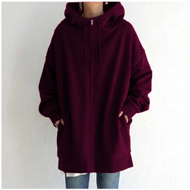 2022 Women's Autumn Winter Streetwear Zip Up Long Oversized Fleece Hoodie