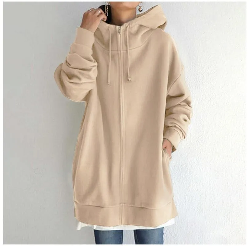 2022 Women's Autumn Winter Streetwear Zip Up Long Oversized Fleece Hoodie