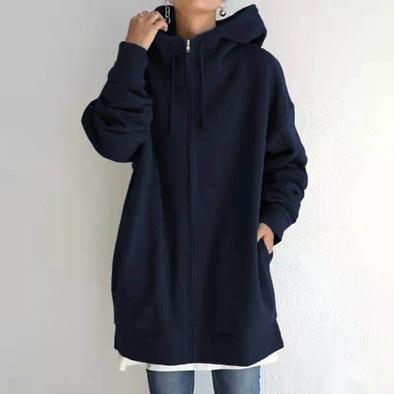 2022 Women's Autumn Winter Streetwear Zip Up Long Oversized Fleece Hoodie