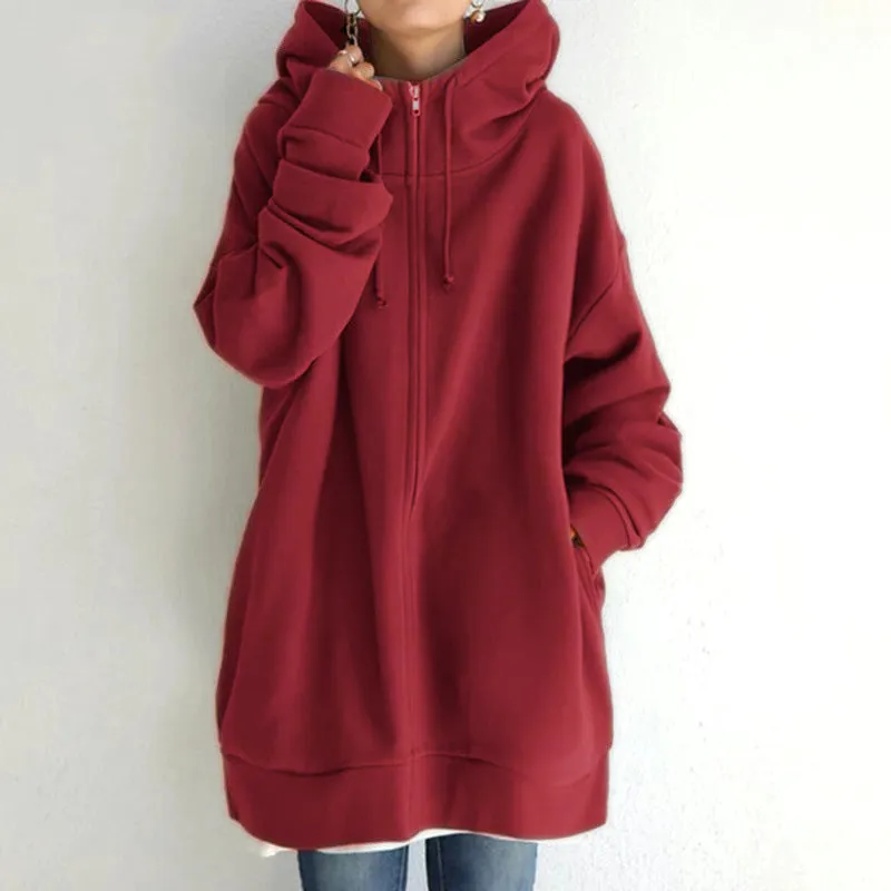 2022 Women's Autumn Winter Streetwear Zip Up Long Oversized Fleece Hoodie