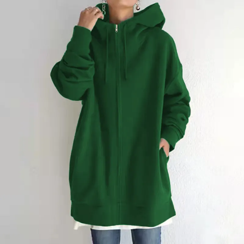 2022 Women's Autumn Winter Streetwear Zip Up Long Oversized Fleece Hoodie
