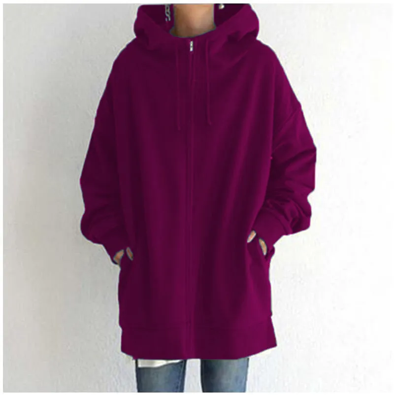 2022 Women's Autumn Winter Streetwear Zip Up Long Oversized Fleece Hoodie