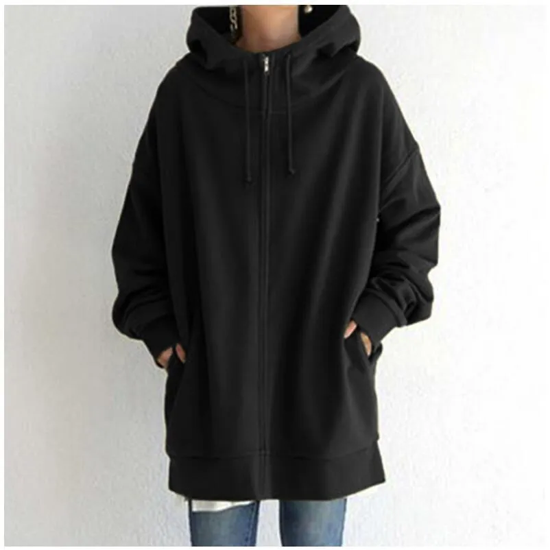 2022 Women's Autumn Winter Streetwear Zip Up Long Oversized Fleece Hoodie