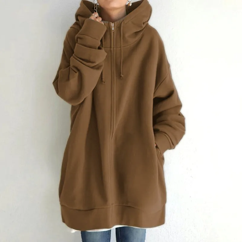 2022 Women's Autumn Winter Streetwear Zip Up Long Oversized Fleece Hoodie