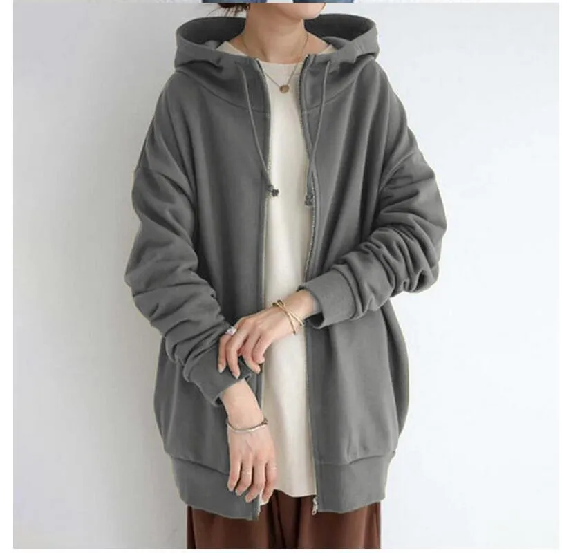 2022 Women's Autumn Winter Streetwear Zip Up Long Oversized Fleece Hoodie