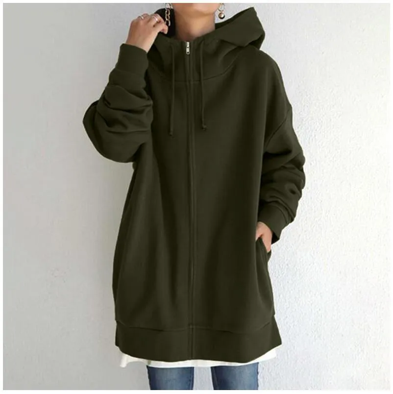 2022 Women's Autumn Winter Streetwear Zip Up Long Oversized Fleece Hoodie