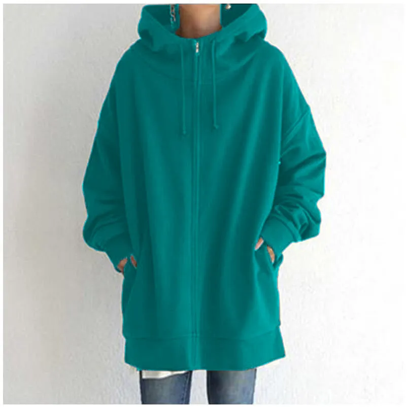 2022 Women's Autumn Winter Streetwear Zip Up Long Oversized Fleece Hoodie