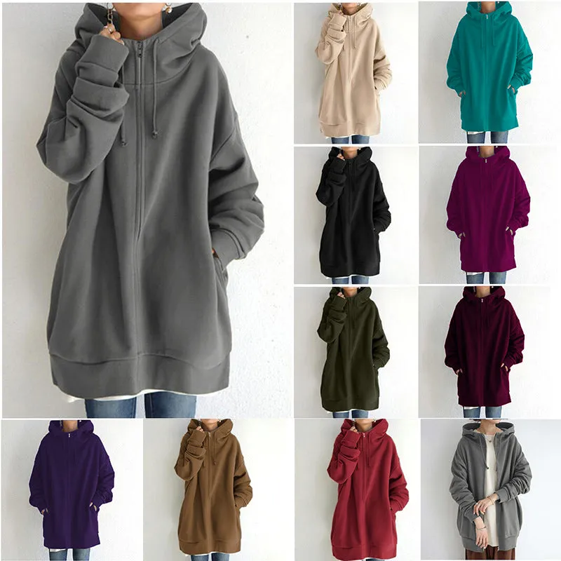 2022 Women's Autumn Winter Streetwear Zip Up Long Oversized Fleece Hoodie