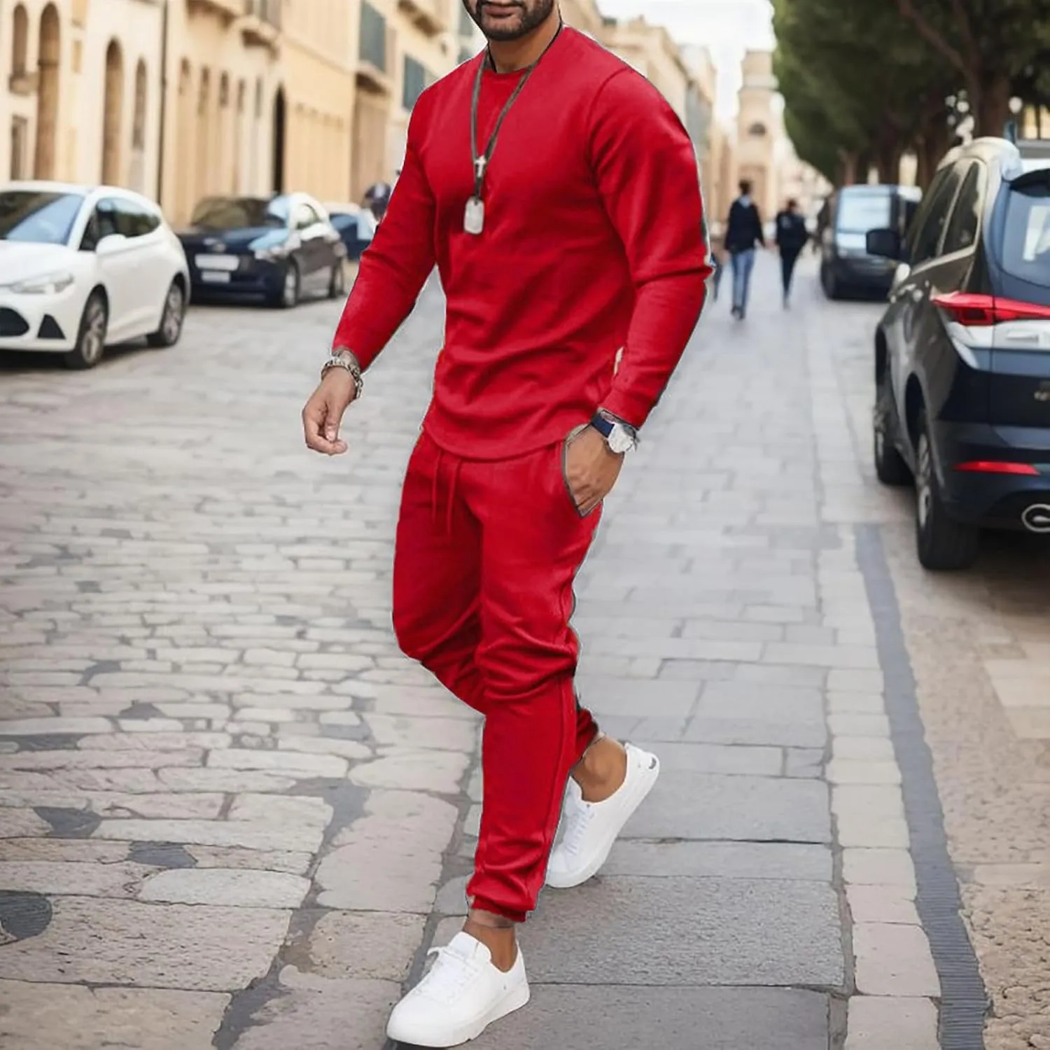 2023 Men's Tracksuit 2 Piece Long Sleeve Pullover Sweatpants Jogging Sets Stylish Plain Track Suit Athletic Casual Sweatsuit