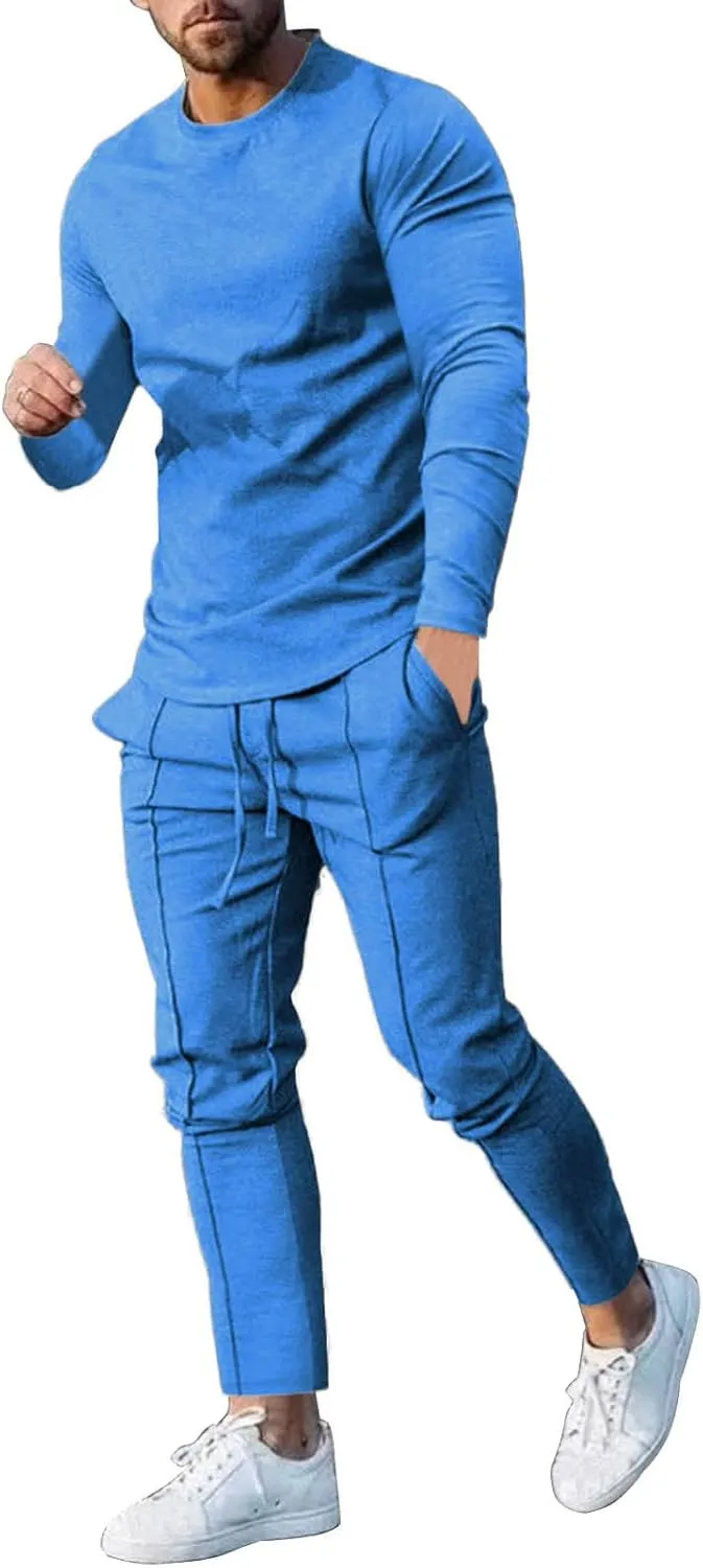 2023 Men's Tracksuit 2 Piece Outfits Plain Long Sleeve Tshirt and Sweatpants Sweatsuit Sets Casual Jogging Athletic Suits
