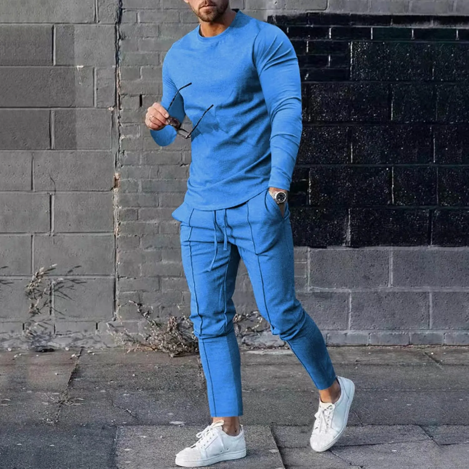 2023 Men's Tracksuit 2 Piece Outfits Plain Long Sleeve Tshirt and Sweatpants Sweatsuit Sets Casual Jogging Athletic Suits