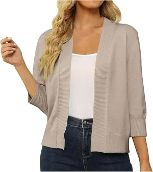 3/4 Sleeve Knit Cropped Shrug Women Fall Comfy Lightweight Cardigan Sweater Elegant Casual Open Front Bolero Outwear