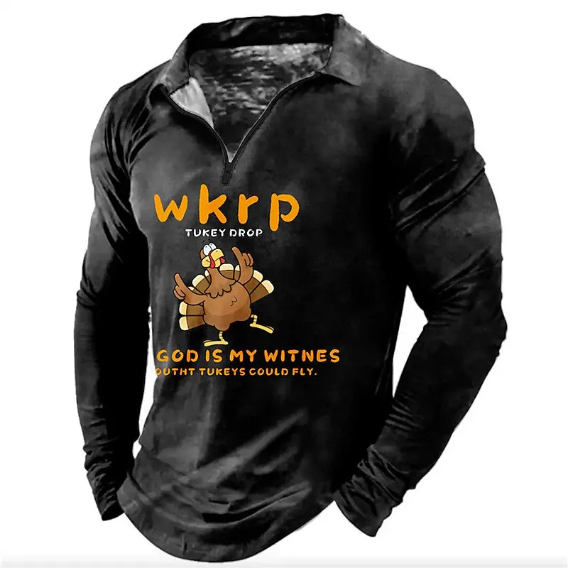 3D Zip Polo Men's Casual Print Turkey Long Sleeve Streetwear Shirt - Black Wine Polo for Fall & Winter S M L