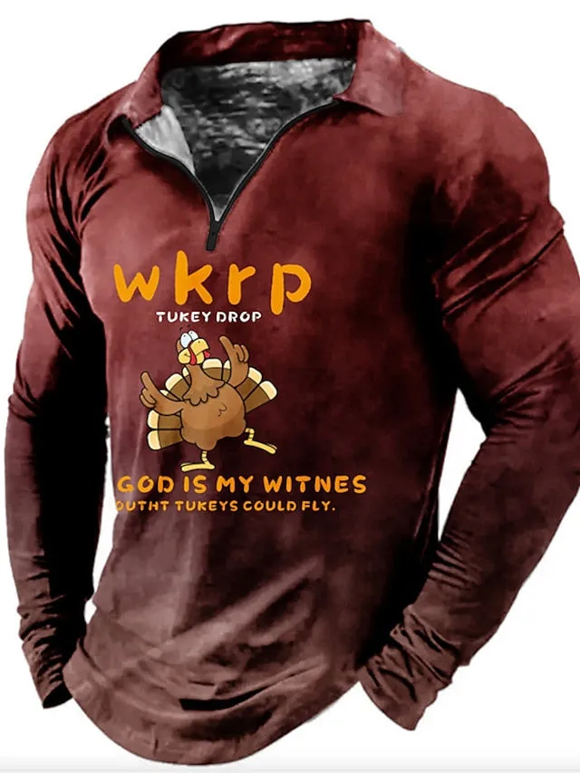 3D Zip Polo Men's Casual Print Turkey Long Sleeve Streetwear Shirt - Black Wine Polo for Fall & Winter S M L