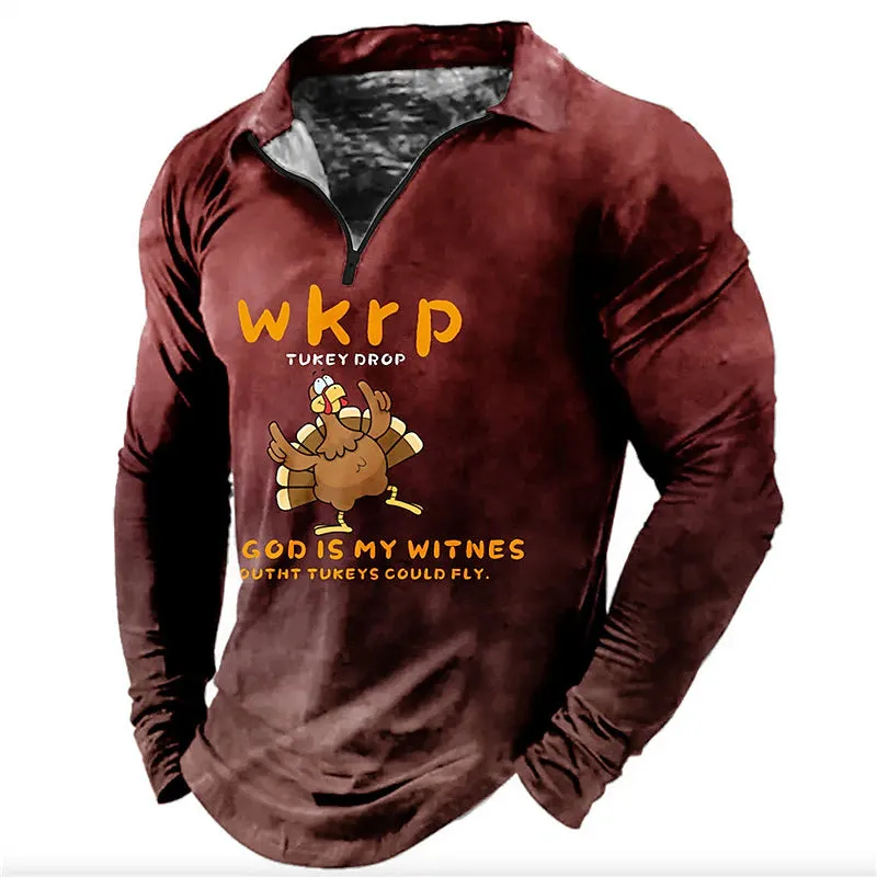 3D Zip Polo Men's Casual Print Turkey Long Sleeve Streetwear Shirt - Black Wine Polo for Fall & Winter S M L