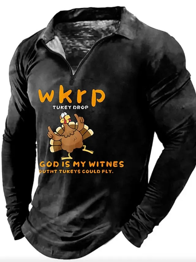 3D Zip Polo Men's Casual Print Turkey Long Sleeve Streetwear Shirt - Black Wine Polo for Fall & Winter S M L