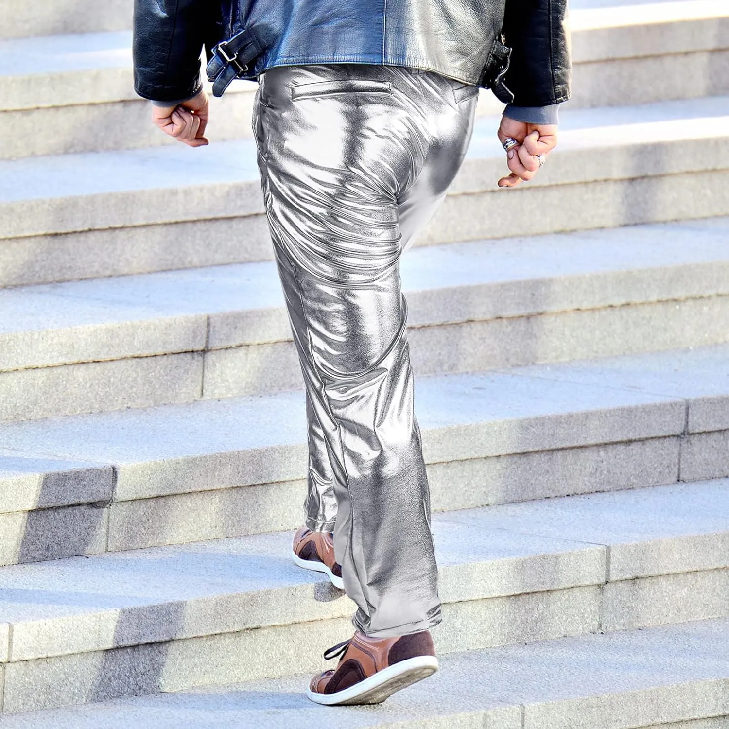 70s Disco Mens Metallic Shiny Suit Pants Hip-Hop Shinny Trousers Halloween Costume for Rave Nightclub Dance Party