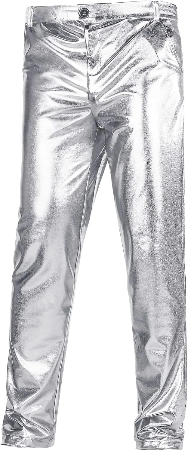 70s Disco Mens Metallic Shiny Suit Pants Hip-Hop Shinny Trousers Halloween Costume for Rave Nightclub Dance Party