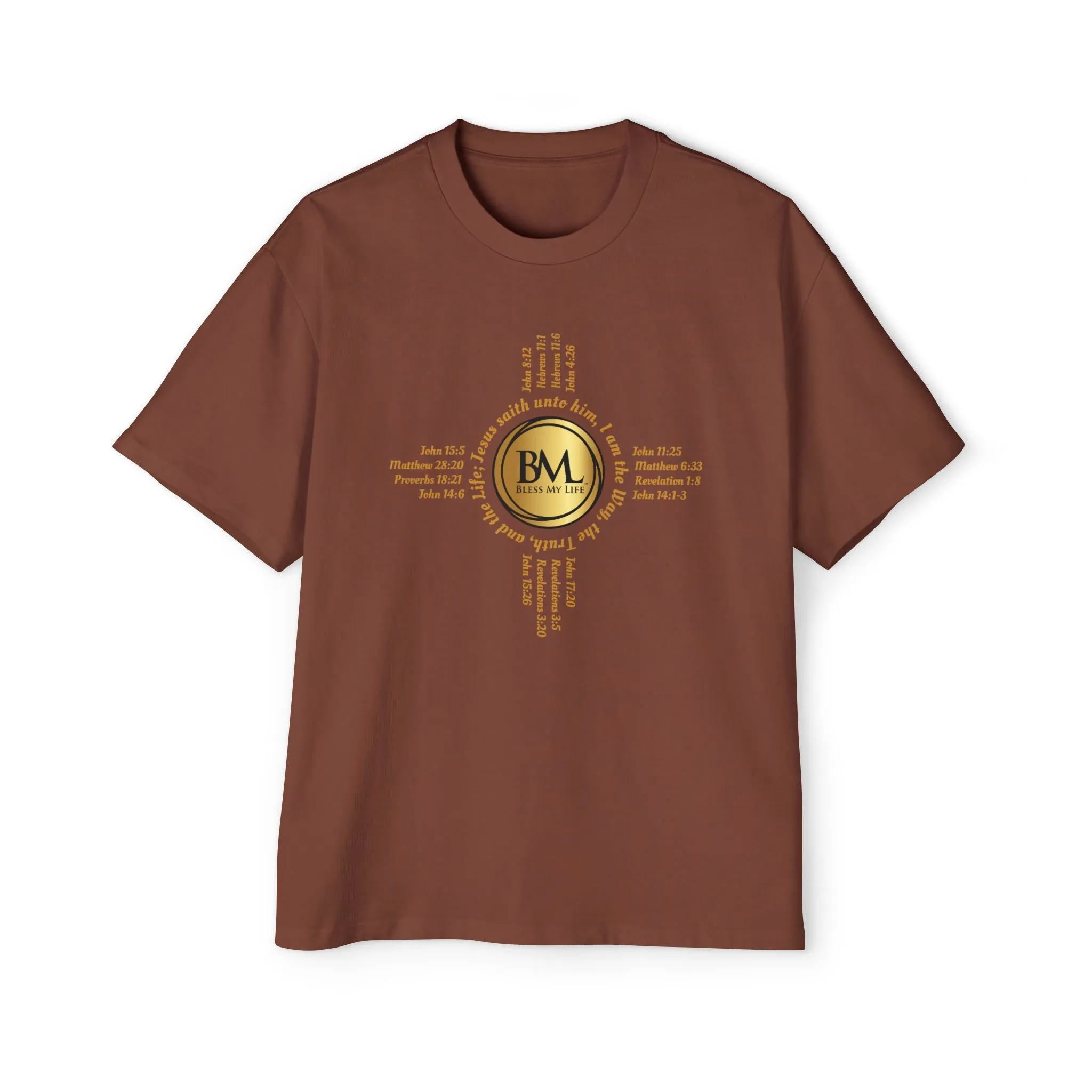 A New Mexican Favorite, Strength in Christ Performance Tee with Biblical Scriptures surrounding BML logo and in the form of the famed & respected Zia Pueblo Symbol