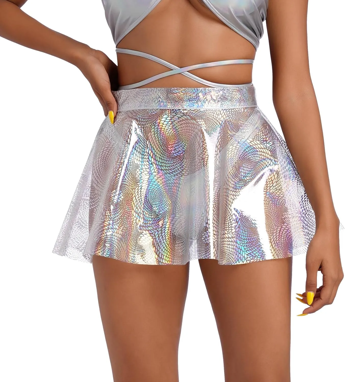 ABAFIP Women's Shiny PVC Rave Mini Skirt High Waist A-Line Pleated Flare Clear Music Festival Outfits