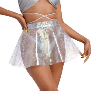 ABAFIP Women's Shiny PVC Rave Mini Skirt High Waist A-Line Pleated Flare Clear Music Festival Outfits