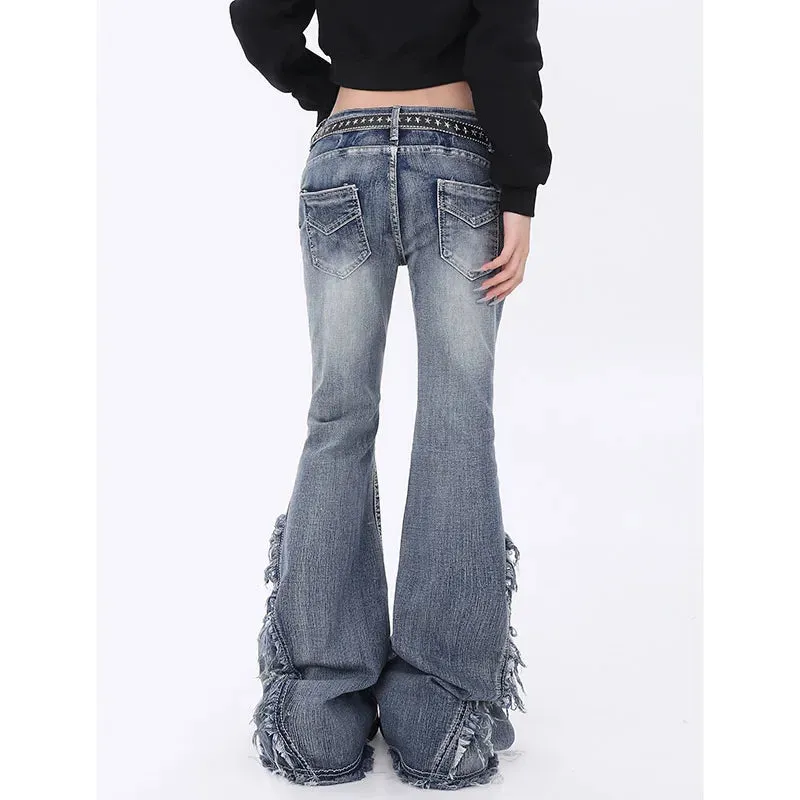 Aiertu Women's Vintage Baggy Blue Flare Jeans High Waist Denim Trousers Emo 2000s Y2k Harajuku 90s Aesthetic Wide Pants Trashy Clothes