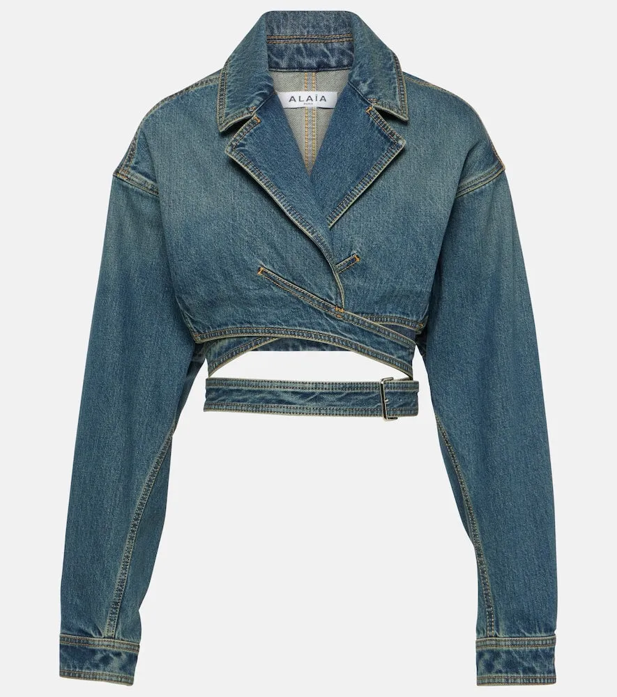 Alaia Cropped denim wrap jacket