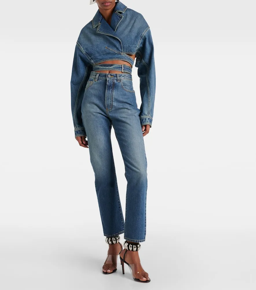 Alaia Cropped denim wrap jacket