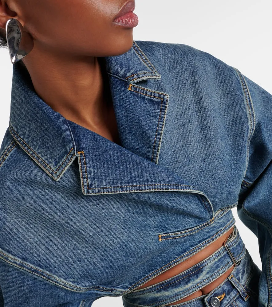 Alaia Cropped denim wrap jacket