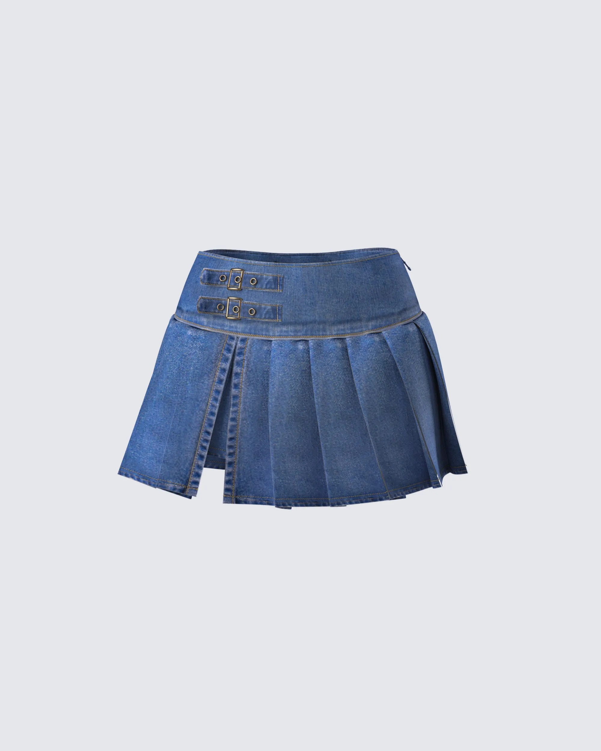 Alazne Blue Denim Pleated Micro Mini Skirt