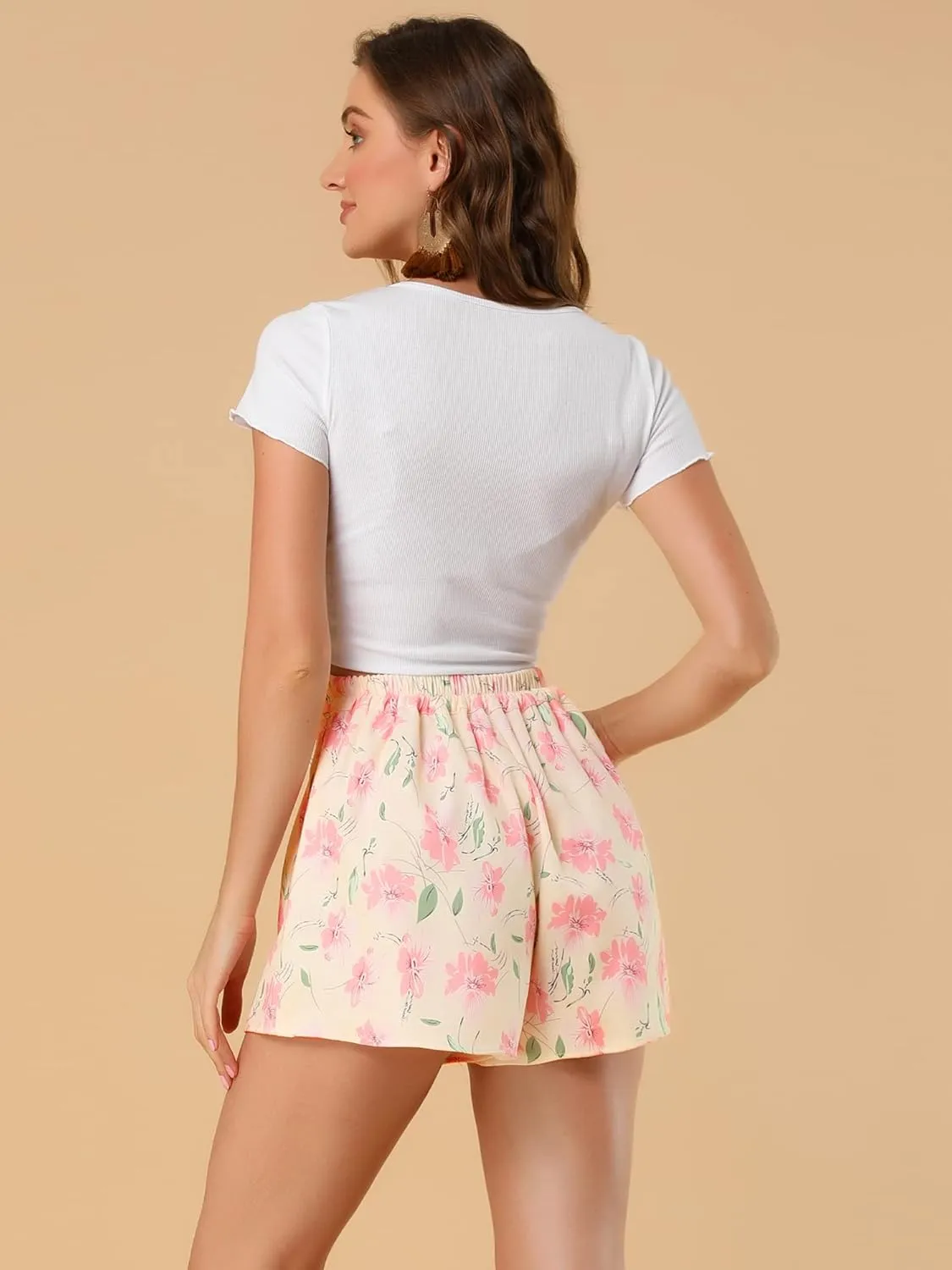 Allegra K Women's Printed Elastic Tie High Waist Culottes Beach Summer Shorts