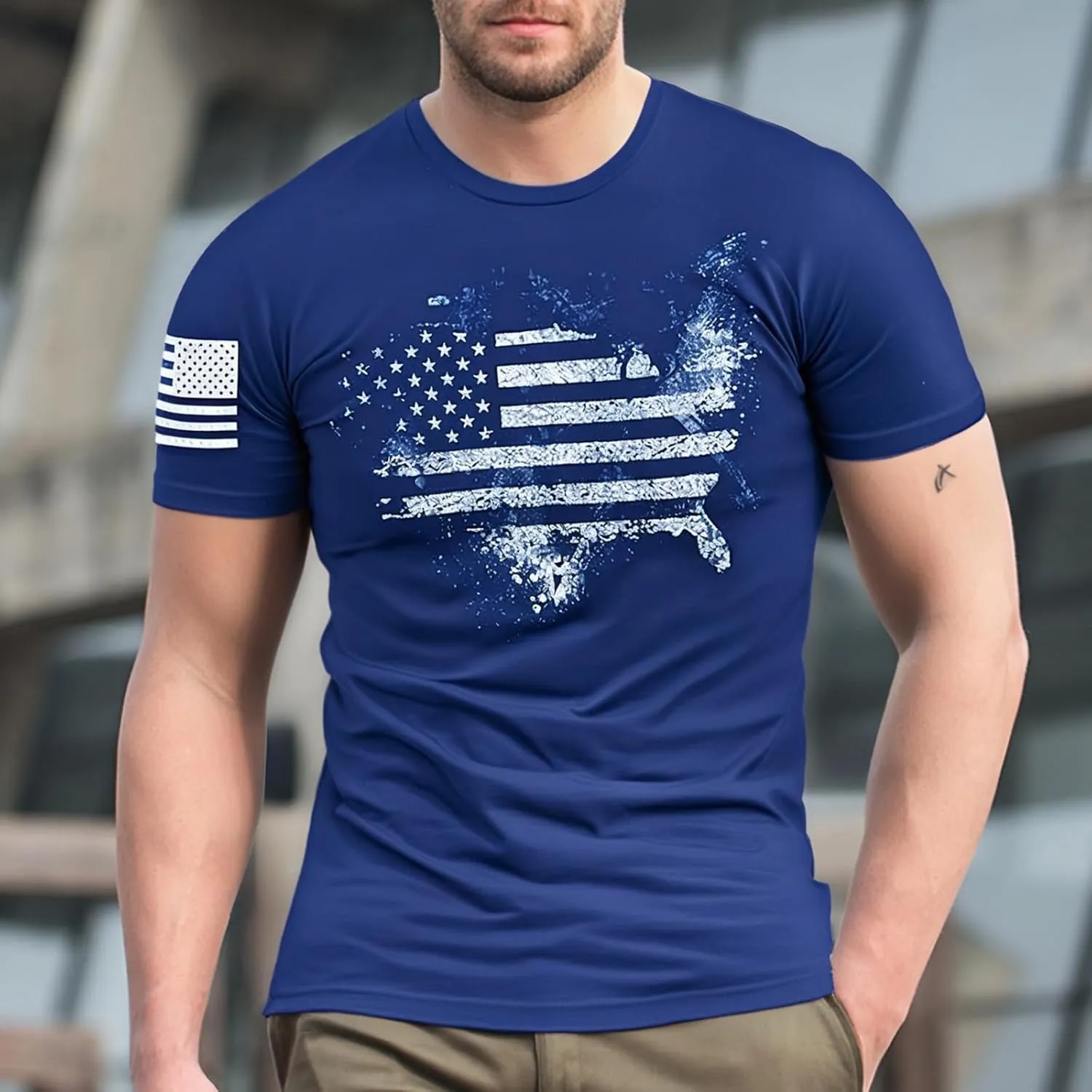American Flag T-Shirts for Men Retro USA Star Print Sweat Shirts Stretch Slim Muscle Shirt Gym Bodybuilding Tee Tops
