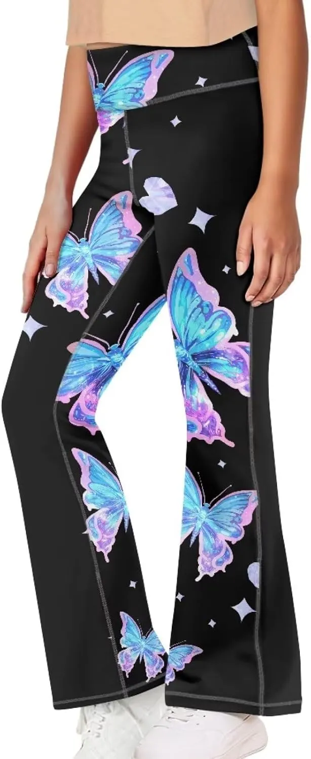 AmzPrint High Waist Flare Leggings Girls Solid Color Pink Yoga Flare Wide Leg Tummy Control Stretchy Pants