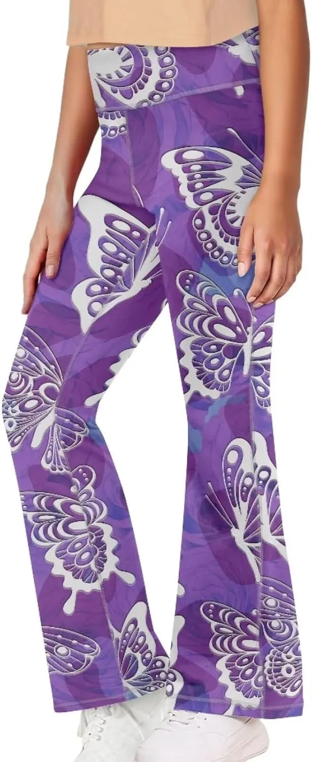 AmzPrint High Waist Flare Leggings Girls Solid Color Pink Yoga Flare Wide Leg Tummy Control Stretchy Pants
