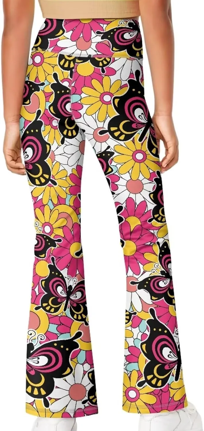 AmzPrint High Waist Flare Leggings Girls Solid Color Pink Yoga Flare Wide Leg Tummy Control Stretchy Pants