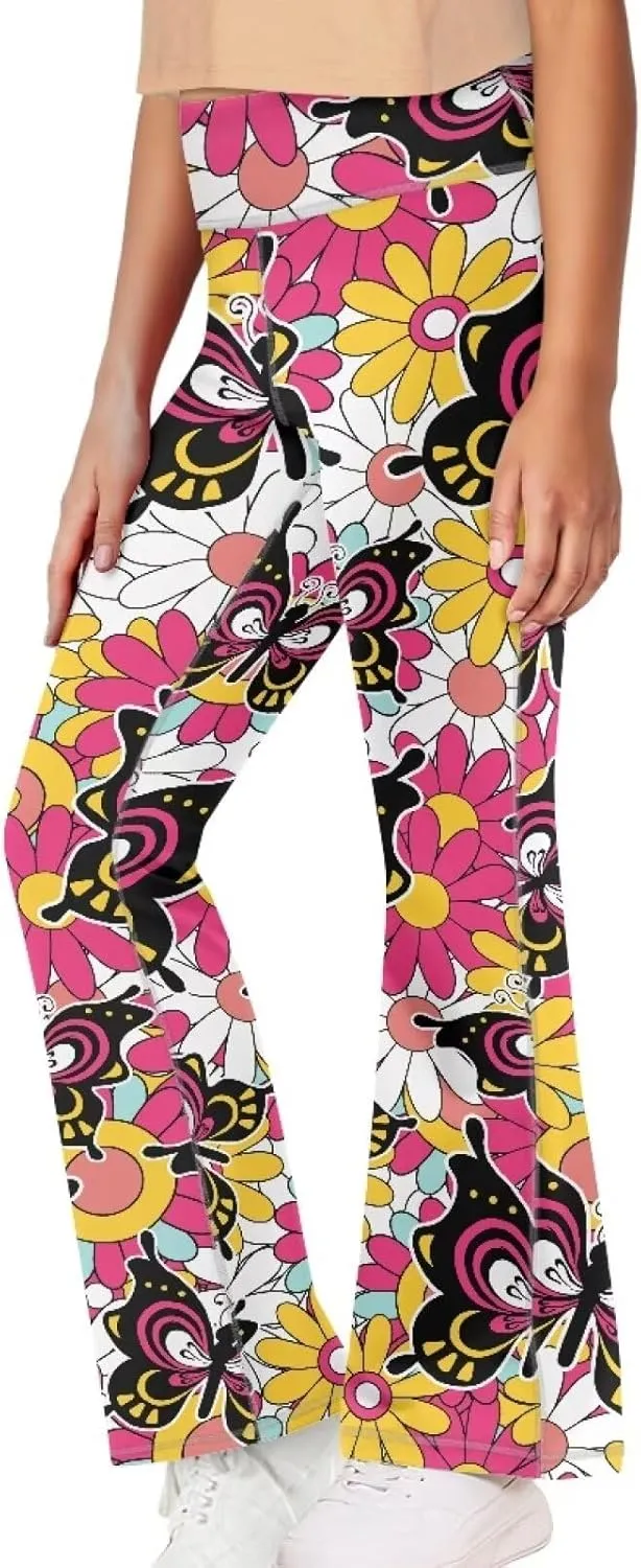 AmzPrint High Waist Flare Leggings Girls Solid Color Pink Yoga Flare Wide Leg Tummy Control Stretchy Pants