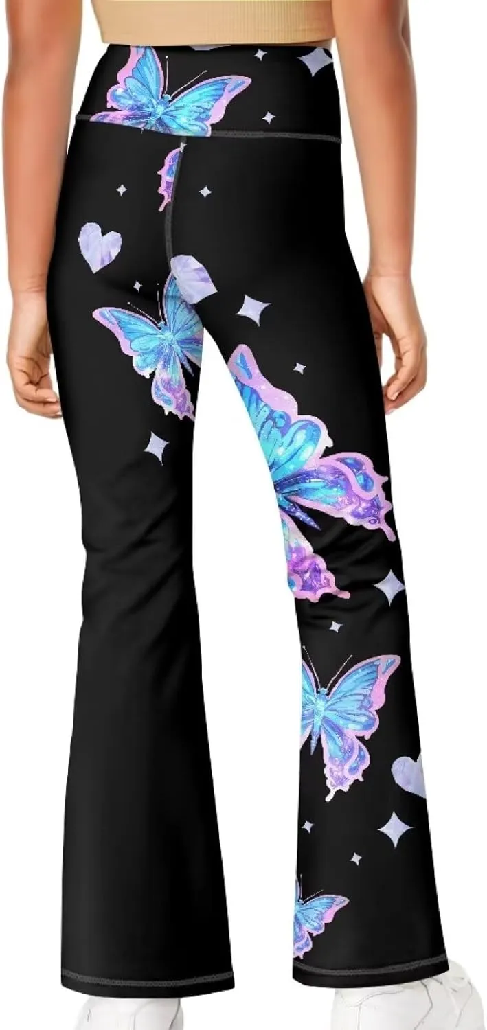 AmzPrint High Waist Flare Leggings Girls Solid Color Pink Yoga Flare Wide Leg Tummy Control Stretchy Pants